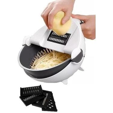 Imagem de Cortador e Ralador Manual Multifuncional com Lâminas Intercambiáveis, Recipiente Integrado, Branco e Preto