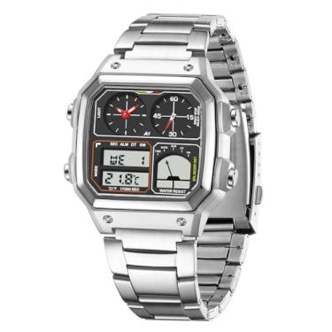 Imagem de FANMIS Relógios de pulso masculinos de luxo digital de quartzo à prova d'água com contagem regressiva de tempo duplo, cronômetro, luz de fundo, relógio multifuncional, Z, prata, preto