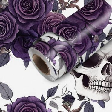 Imagem de HOMETITUTE Papel de parede de caveira rosa gótica violeta descasque e cole papel de parede de contato 45 cm x 300 cm revestimento de parede de vinil removível autoadesivo para quarto cozinha banheiro