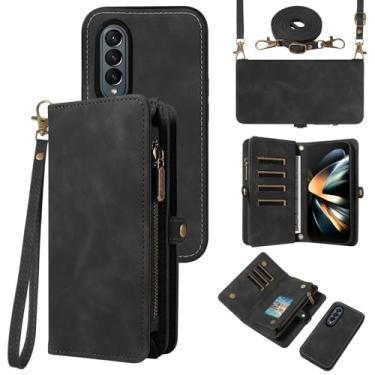 Imagem de Asuwish Capa de celular para Samsung Galaxy Z Fold 4 5G 2022 com zíper carteira destacável com protetor de tela de vidro temperado alça transversal flip porta-cartões ZFold4 Z4 Fold4 4Z ZFold45G