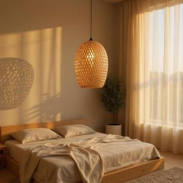 Imagem de Luminária de Teto Lustre Pendente Bambu Saint Martin Rústico 23x36cm Vime Rattan Trançado