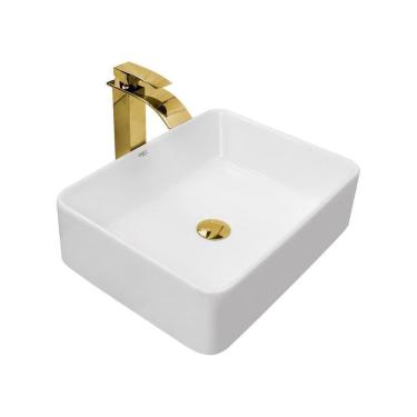 Imagem de Kit Cuba Pia Louça Cerâmica Banheiro C/Torn E Vál Dourada 20