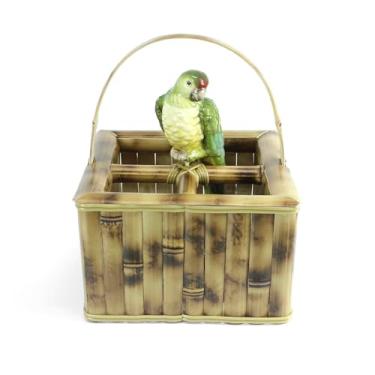 Imagem de Porta Talher Organizador de Talheres Cesto com Alça Bambu Natural com Pássaro de Cerâmica Mesa Posta Decoração (PAPAGAIO)