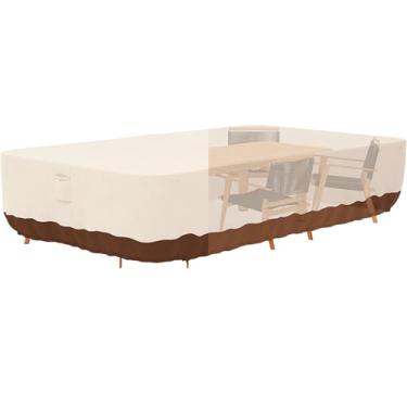 Imagem de Conjunto de jantar Tuyeho para ambientes externos 110 x 84 x 28 polegadas, 600D capa para móveis de pátio resistente grande, impermeável e resistente ao clima para sua mesa de jantar e cadeiras (bege e marrom)