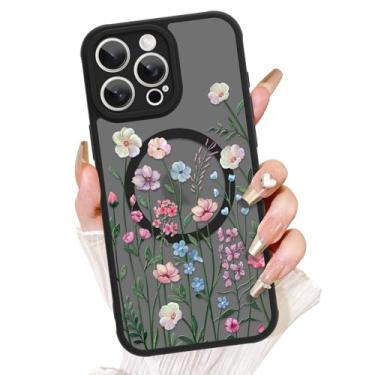 Imagem de AIGOMARA Capa floral para iPhone 15 Pro [compatível com MagSafe] Linda estampa floral com capa de telefone semitransparente para mulheres Gilrs TPU macio e PC capa protetora traseira fina para