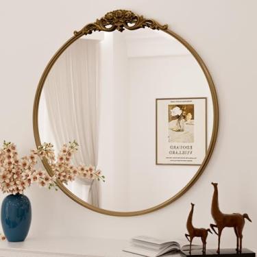 Imagem de Keonjinn Espelho dourado vintage redondo, espelho antigo de 61 cm x 61 cm com moldura de metal, espelhos decorativos vintage para parede, espelho de antropologia circular ornamentado para corredor