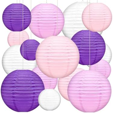 Imagem de 16 peças de lanternas de papel penduradas redondas roxas lanternas de papel decorativas 15,2 cm, 20,3 cm, 25,4 cm, 30,5 cm, lanternas chinesas de quatro cores para aniversário, festa de casamento