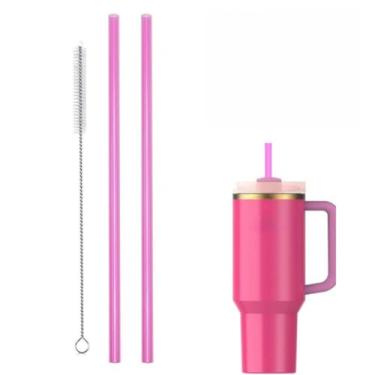 Imagem de Kit 2 Canudos Substituição Tritan 31cm E 1 Escova De Limpeza Para Copo Térmico Reposição Canudo Colorido Transparente(Rosa)