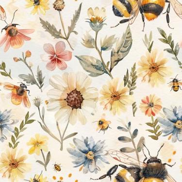 Imagem de Papel de parede floral amarelo, 45 x 599 cm, papel de parede autoadesivo de flor/folha/abelha para sala de estar, quarto, banheiro, armário de parede