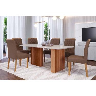 Imagem de Conjunto: Mesa de Cozinha Ester Tampo Madeirado c/ Vidro 180x90cm e 6 Cadeiras Juliana Cinamomo/Off White - Carvalho/Suede Joli Capuccino - Cimol