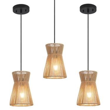 Imagem de ALAISLYC Luminária pendente Boho com cordão de 15 cm de vime tecido à mão, pequeno lustre para pendurar para quarto, cozinha, corredor, hall de entrada, 3 unidades