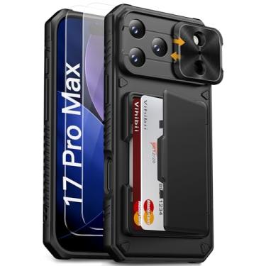 Imagem de Vihibii Capa para iPhone Pro Max com [2 protetores de tela], suporte de cartão embutido (4 cartões), [bloqueio RFID] e capa deslizante para câmera e películas de vidro temperado, capa carteira robusta