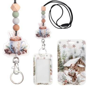 Imagem de CORNER LACE Cordão com tema boho de inverno para crachás de identificação, branco, verde claro, suporte rústico para crachás de nome de boneco de neve com cordão separável no pescoço, chaveiro