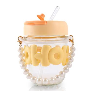 Imagem de Copo de vidro de 340 g com tampa e canudo, copo de vidro reutilizável para viagem com alça de pérola, xícara de café gelado para vitaminas, sucos e bebidas frias (amarelo)