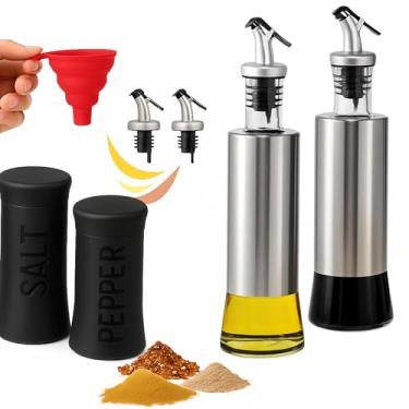Imagem de Kit Galheteiro para Azeite e Vinagre com Saleiro e Pimenteiro Preto, Funil Retrátil de Silicone e Bico Dosador com Fluxo Controlado para Cozinha Gourmet