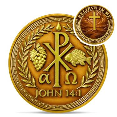 Imagem de Chi-Rho Christian Challenge Coin - João 14:1 Cruz Jesus Religioso Token - Believe in Me God Prayer Pocket Bible Verses Chip for Study - Good Luck Uva Peixe Presentes para Homens, Mulheres Crianças