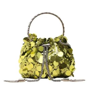 Imagem de Bolsa de ombro de corrente de lantejoulas para presente com alça redonda borla bolsa transversal mini balde brilhante bolsas femininas, Amarelo