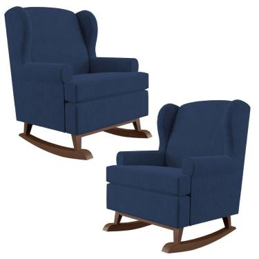 Imagem de Kit 02 Poltronas De Amamentação Com Balanço Malu Base De Madeira P02 Suede Azul Marinho - Lyam Decor