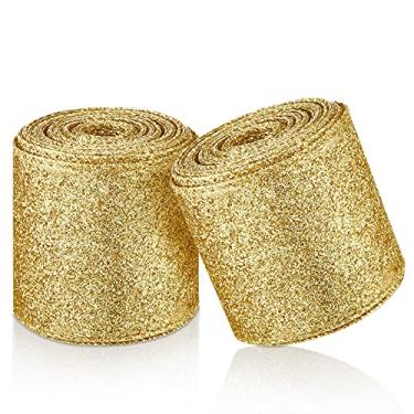 Imagem de 2 rolos de fita metálica com glitter, 6,3 cm x 9,5 m, fita de Natal com glitter, fitas decorativas para festas, decorações de casa, casamento, aniversário, artesanato (ouro)