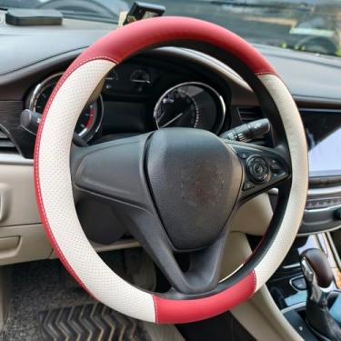 Imagem de Capa de volante de couro perfurado respirável, pega universal para volante de carro de 38 cm, macia e confortável, respirável e antiderrapante, adequada para sedans, vans, SUVs (vermelho vinho)