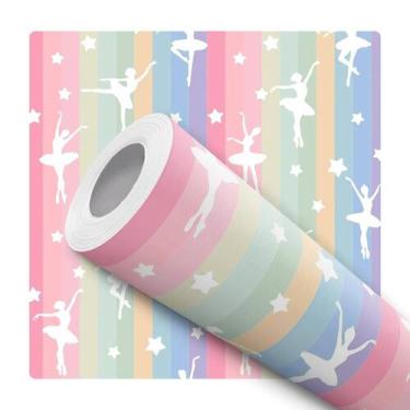 Imagem de Papel de Parede Adesivo Listrado Arco-íris Colorido Bailarina Infantil