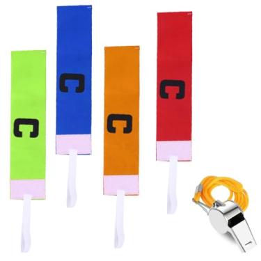 Imagem de 4 peças de braçadeira de capitão com 1 apito, braçadeira de futebol, braçadeira elástica ajustável do capitão para jovens, homens, mulheres, muitos esportes