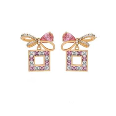 Imagem de Brincos femininos de tabuleiro de xadrez com laço, joia redonda, pingente geométrico, joia hipoalergênica para festas femininas, 1 Pair, Cobre Zircônia cúbica Cobre champanhe dourado Zircônia cúbica