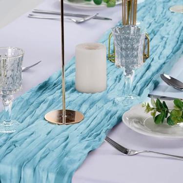 Imagem de Caminho de mesa de gaze 35 x 120 polegadas, 3 m, gaze rústica boho para decoração de festa de casamento, pacote com 1 (azul bebê)