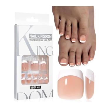 Imagem de French Tips Press on Toenails Women Fake Toe Nails Kit, Nude Tan Unhas Pressionadas em Acrílico para Dedos dos pés, 32 peças Cola em Pedicure 16 Tamanhos Curto Quadrado Francês Unha Falsa para Pés com