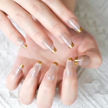 Imagem de Extensões de unhas artificiais Lady False Nails projetadas Lady Gold Metallic Press Ongles estilo francês conjunto completo 30 peças