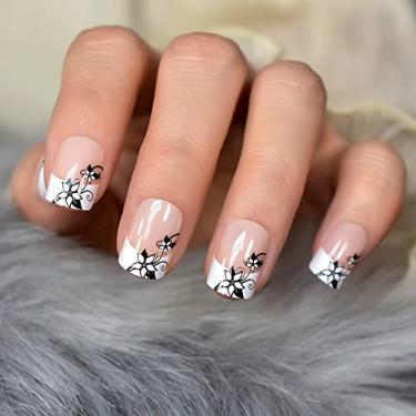 Imagem de Unhas curtas Squoval Press on Nails Nude White French Fake Nails Glossy Full Cover Kit de unhas postiças para mulheres - 24 peças/conjunto
