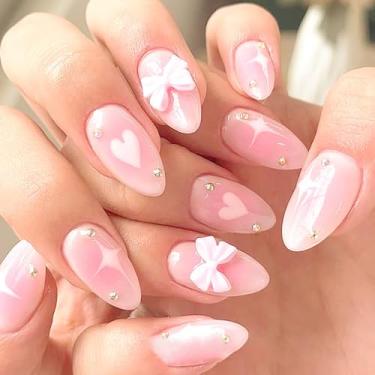 Imagem de Kit de unhas curtas médias amêndoas ombres nude rosa nude unhas falsas com design de laço 3D estrela de coração, strass prensa acrílica cobertura completa vara falsa no prego para mulheres uso diário