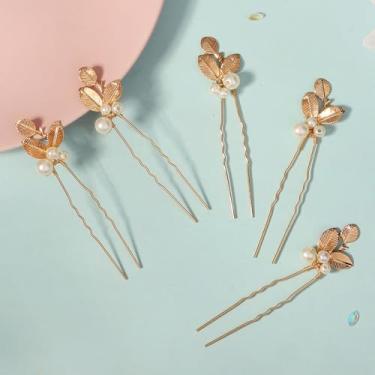 Imagem de 5 peças de grampo de cabelo de folha de pérola, folha dourada, enfeite de cabelo penteado