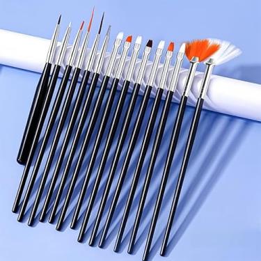 Imagem de Conjunto de 15 pincéis de unhas para arte de unhas, ferramentas de suprimentos de arte de unhas com ferramenta de pontilhamento, pincéis de listras para detalhes de linhas, caneta de pintura de