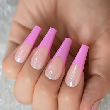 Imagem de Bailarina rosa fúcsia unhas postiças com pontas extra longa cobertura completa acrílico unha falsa com design manicure pontas francesas