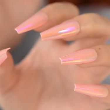 Imagem de Unhas postiças espelhadas rosa cromadas com brilho metálico grosso holográfico extra longo caixão unhas falsas