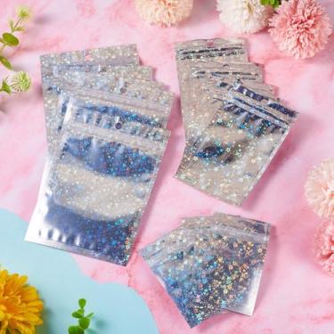 Imagem de 60 unidades de sacos de plástico com zíper estrela laser retângulo top auto-selo bolsas 3 tamanhos joias artesanato decorações exibição saco de armazenamento embalagem sachê de presente para festa de