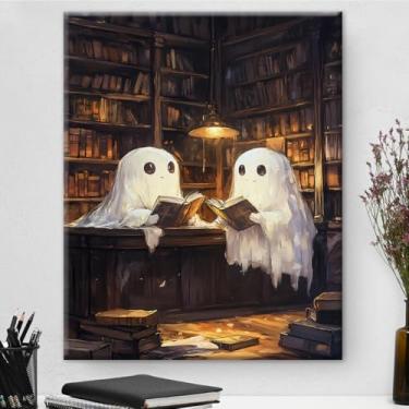 Imagem de Decoração de arte de parede fantasma caprichoso fantasmas góticos na biblioteca pôster impressão em tela pintura emoldurada Dark Academia Decorações de parede para decoração de sala de leitura em casa