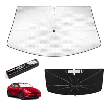 Imagem de Veenjoy Guarda-sol de para-brisa para Tesla Model 3 2016-2025 Highland, bloqueio de calor mantém o carro fresco, proteção UV Para-brisa, escudo de chuva de emergência e protetor de painel - prata