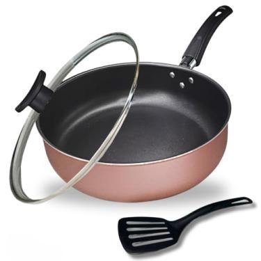 Imagem de Frigideira Alta Funda Grande 24 cm Antiaderente Teflon com Tampa de Vidro e Espátula Nylon panelas e frigideiras Caçarola para Feijoada, Compatível com Todos os Fogões (Rose)