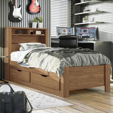 Imagem de Cama Solteiro Omaha 1 Porta 2 Gavetas com Tomada Jatoba - Pnr Móveis