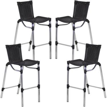 Imagem de Kit 4 Banquetas Alumínio Fortaleza Alta Para Balcão Cozinha Bar Trama Original Preto