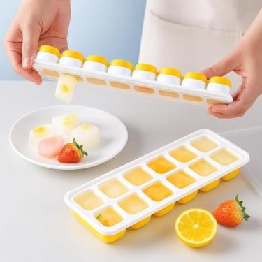 Imagem de 4 bandejas de gelo de 14 cubos para freezer, silicone fácil de liberar com tampas resistentes a derramamentos, molde de gelo reutilizável para coquetéis ou café gelado, amarelo