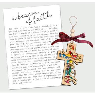 Imagem de Enfeite de cruz - Cartão de história de um farol de fé - Decoração cristã de madeira com efeito de vitral - Símbolo poderoso de amor sacrifício e esperança - Reflexão encorajadora da graça