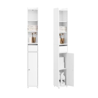 Imagem de SoBuy Armário alto de armazenamento de banheiro fino com porta e gaveta armário de armazenamento estreito móveis de armazenamento independente para banheiros pequenos 20 x 20 x 145 cm BZR34-K-W