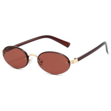 Imagem de HCHES Óculos de Sol Femininos Ovais Sem Aro Elegantes com Proteção UV400 e Armação Pequena (Marrom)