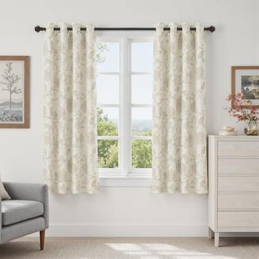 Imagem de DriftAway Cortinas de linho floral Paisley Camel Bege 100% blackout para sala de estar quarto 153 cm de comprimento, 2 painéis forrados com ilhós, cortinas térmicas de fazenda jacobina