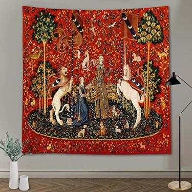 Imagem de FEASRT Tapeçaria de arte medieval, tapeçaria de donzela e unicórnio, tapeçaria real europeia, 152 x 152 cm, flanela macia, para quarto, sala de estar, dormitório