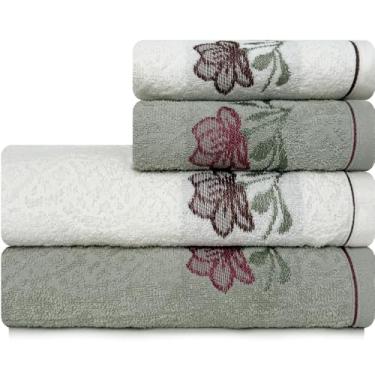 Imagem de Jogo de Toalhas 4 Peças Banho e Rosto 100% Algodão Karsten Encanto (Branco e Verde)