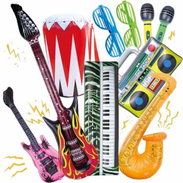Imagem de Conjunto de 10 peças de instrumentos infláveis para festa, adereços de cabine de fotos, guitarra, saxofone, alaúde baixo, microfone, gravador, tema de piano, festa, brinquedos de rock, decorados